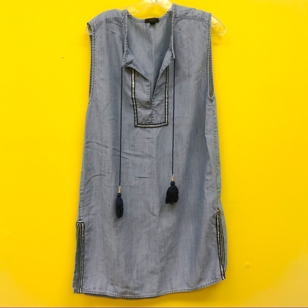 J Crew Blue Chambray Tassel tunic Top Metallic Ribbon medium
